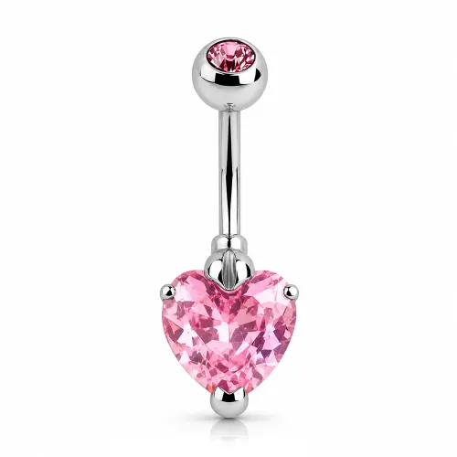 Surgical Steel Heart 10mm CZ Double Jeweled Navel Banana - Rose Stone Color