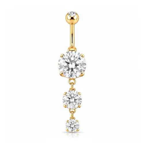 Gold PVD Coated Surgical Steel Triple Round CZ Double Jeweled Dangle Navel Banana - Length 8mm