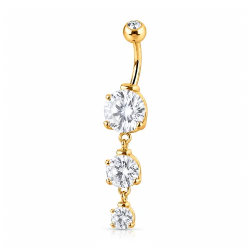Gold PVD Coated Surgical Steel Triple Round CZ Double Jeweled Dangle Navel Banana - Length 8mm