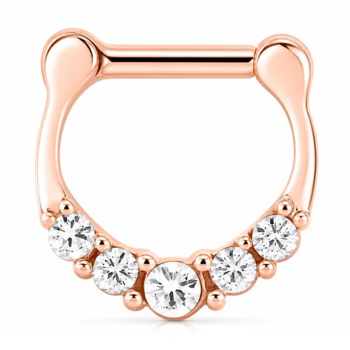 Rose Gold PVD Coated Surgical Steel Round Jeweled Hinged Septum Clicker - Length 8mm