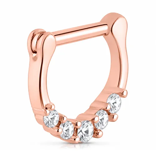 Rose Gold PVD Coated Surgical Steel Round Jeweled Hinged Septum Clicker - Length 8mm