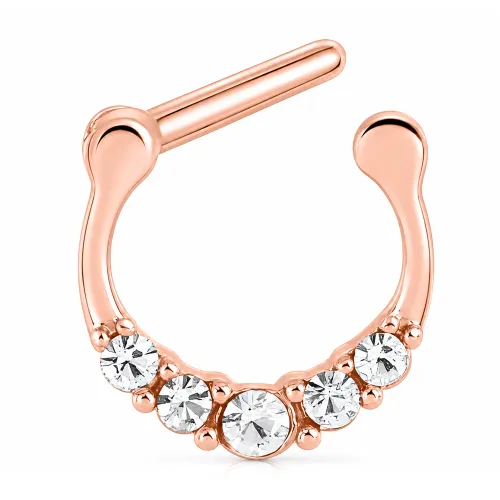Rose Gold PVD Coated Surgical Steel Round Jeweled Hinged Septum Clicker - Length 8mm