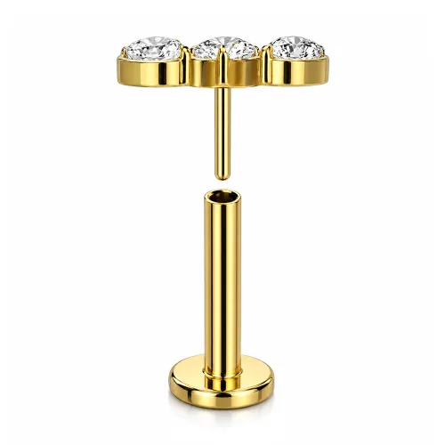 Sterilized Titanium - Gold PVD 3 Marquise CZ Labret Threadless - Gauge 1.2mm (16G) - Length 8mm (5/16″) - 4mm Disk
