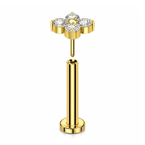 Sterilized Titanium - Gold PVD Quad 1.5mm CZ Labret Threadless - 8mm (5/16″) - 4mm Disk