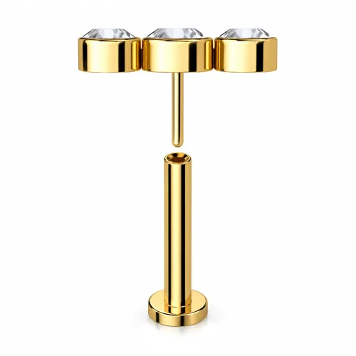 Sterilized Titanium - Gold PVD Triple Bezel CZ Labret Threadless - 8mm (5/16″) - 4mm Disk