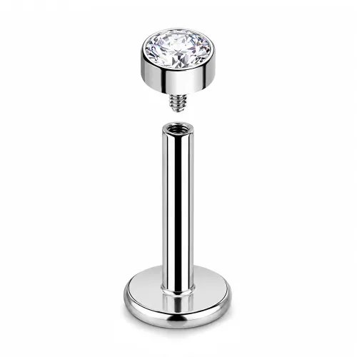 Sterilized Titanium - High Polish Bezel CZ Disk Labret Internally Threaded - Length 8mm (5/16″) - Clear Stone Color