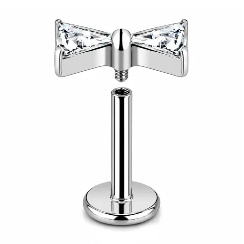 Sterilized Titanium - High Polish Bowtie Labret Triangle CZ Internally Threaded - Length 8mm