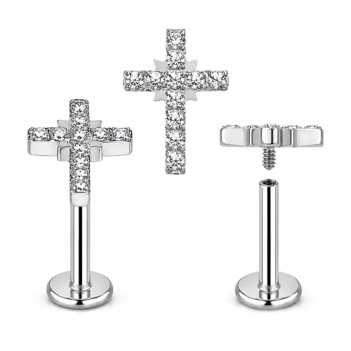 Sterilized Titanium - High Polish CZ Cross Labret Internally Threaded - Length 8mm