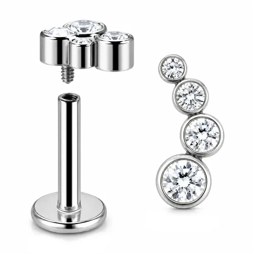 Sterilized Titanium - High Polish Elongated 4 Bezel CZ Labret Internally Threaded - Length 8mm