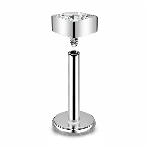 Sterilized Titanium - High Polish Triangle Bezel CZ Labret Internally Threaded - Length 8mm