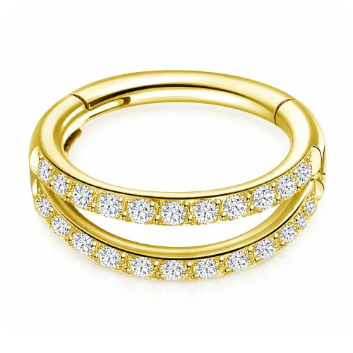 Sterilized Titanium - Gold PVD Double Hoop Outward CZ Hinged Segment Ring