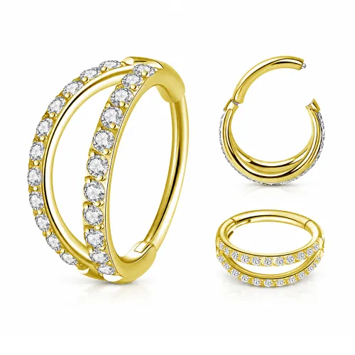 Sterilized Titanium - Gold PVD Double Hoop Outward CZ Hinged Segment Ring