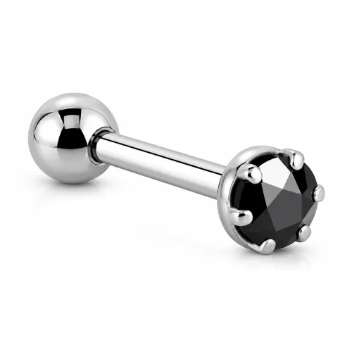 Surgical Steel Flower Prong Set Jeweled Tragus Micro Barbell - Length 6mm (1/4″) - Ball Size 3mm - Jet Stone Color