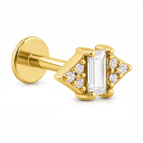 Gold PVD Coated Surgical Steel Micro Labret With Jeweled Attachment Special New Design - Gauge 1.2mm (16G) - Length 10mm (3/8″)