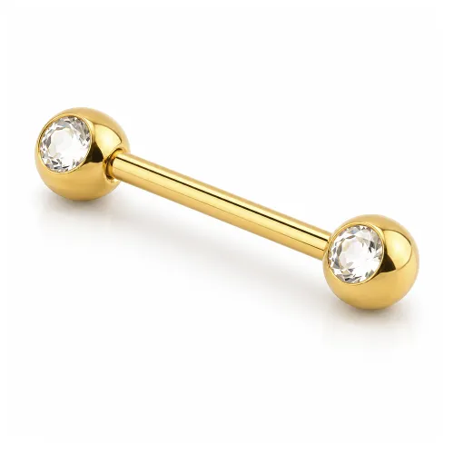 Gold PVD Coated Surgical Steel Double Side Premium Crystals Jeweled Nipple Barbell - Length 12mm (1/2″)