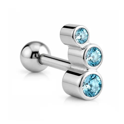 Surgical Steel Triple Jeweled Tragus Micro Barbell - Length 6mm (1/4″) - Ball Size 2.5mm - Aquamarine Stone Color
