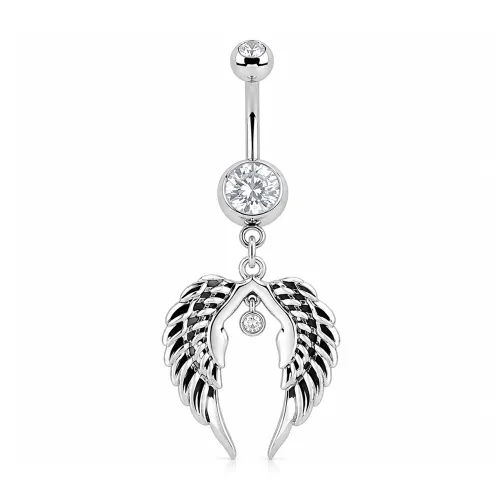 Rhodium Plated Double Jeweled Navel Banana With Wings Charm