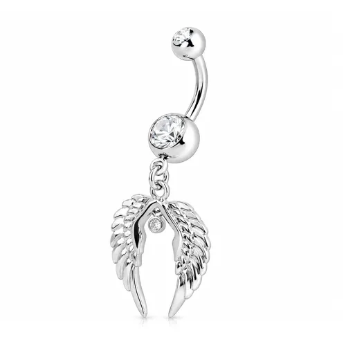 Rhodium Plated Double Jeweled Navel Banana With Wings Charm
