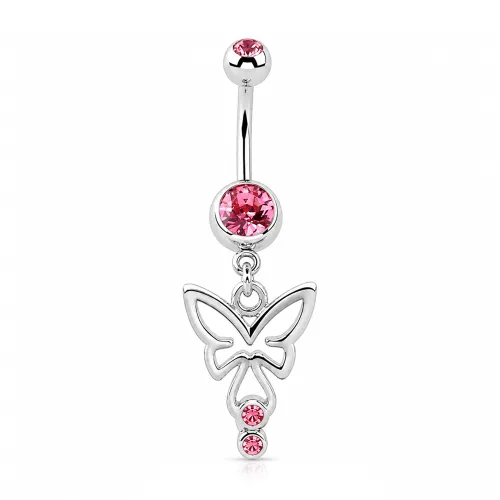 Rhodium Plated Double Jeweled Navel Banana With Butterfly Charm - Length 10mm (3/8″)