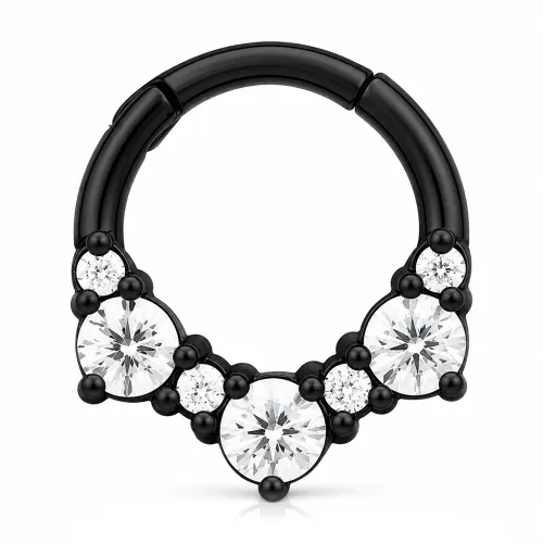 Black PVD Coated Surgical Steel Jeweled Hinged Septum Clicker Ring