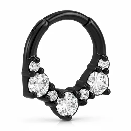 Black PVD Coated Surgical Steel Jeweled Hinged Septum Clicker Ring
