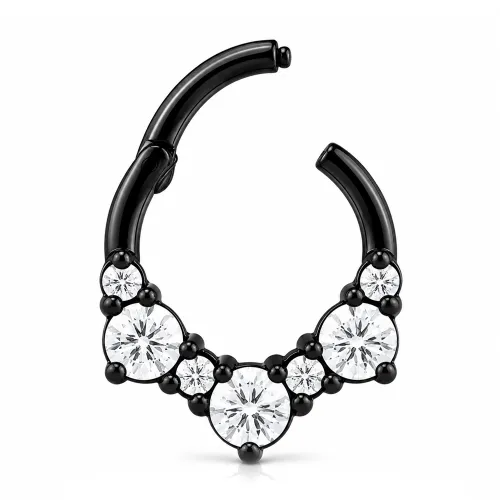 Black PVD Coated Surgical Steel Jeweled Hinged Septum Clicker Ring