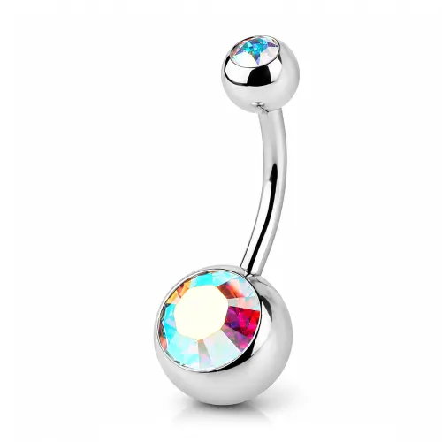 Titanium Double Premium Crystal Jeweled Navel Banana - Length 10mm (3/8″) - Ball 5/8 - Stone Color Aurora Boreal