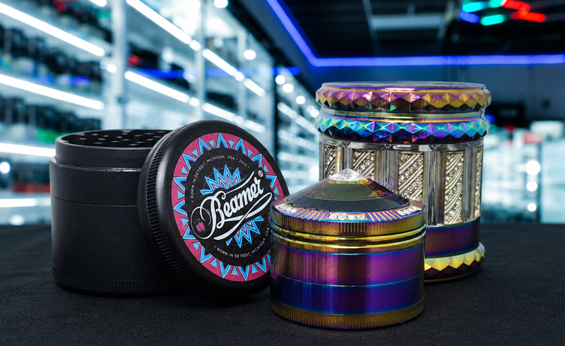 Grinders and smoke accessories displayed inside an SVT Shop in El Paso