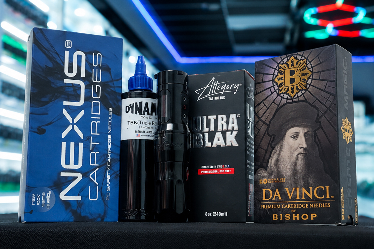 Professional tattoo cartridges and ink displayed at SVT Shop Montana