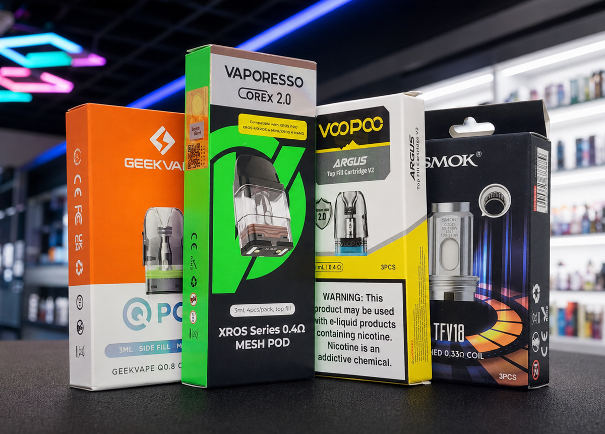 Compatible coils and pods displayed inside an SVT Shop in El Paso